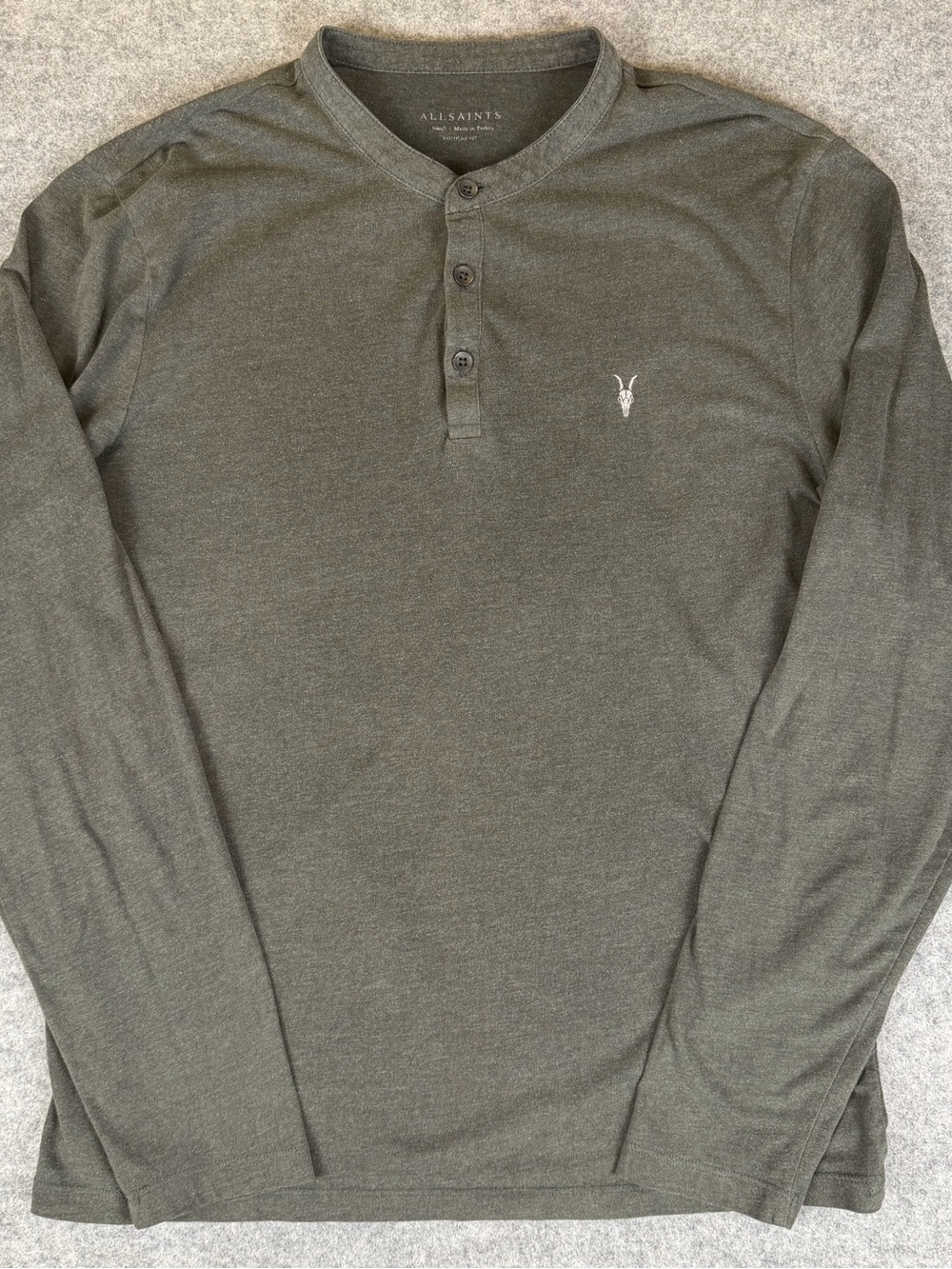 AllSaints Muse Henley Shirt Men’s Small Gray Green Long Sleeve Ramskull Tee